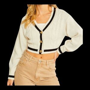 Preppy Cable Knit Crop Cardigan Sweater Striped Trim Off-White with Black size M